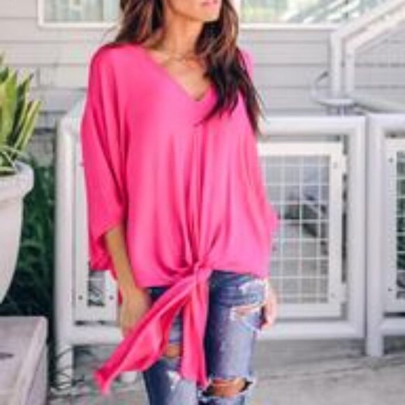 Vici Magenta Pink Quarter Sleeve Knot Front Blouse - Picture 1 of 7